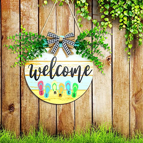 Jetec Summer Flip Flop Welcome Sign 11 Inches Round Wooden Hanging Sign Summer Welcome Sign Farmhouse Front Door Porch Decor for Home Beach Restaurant Shop Decoration Supplies (Stylish Style)