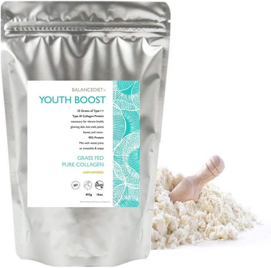 BalanceDiet Youth Boost Collagen Protein Peptides - Ultra Pure Hydrolyzed 100% Grass Fed Type 1 and Type 3 Collagen - Restore, Rebuild and Repair The Vitality of Skin, Hair, Joints