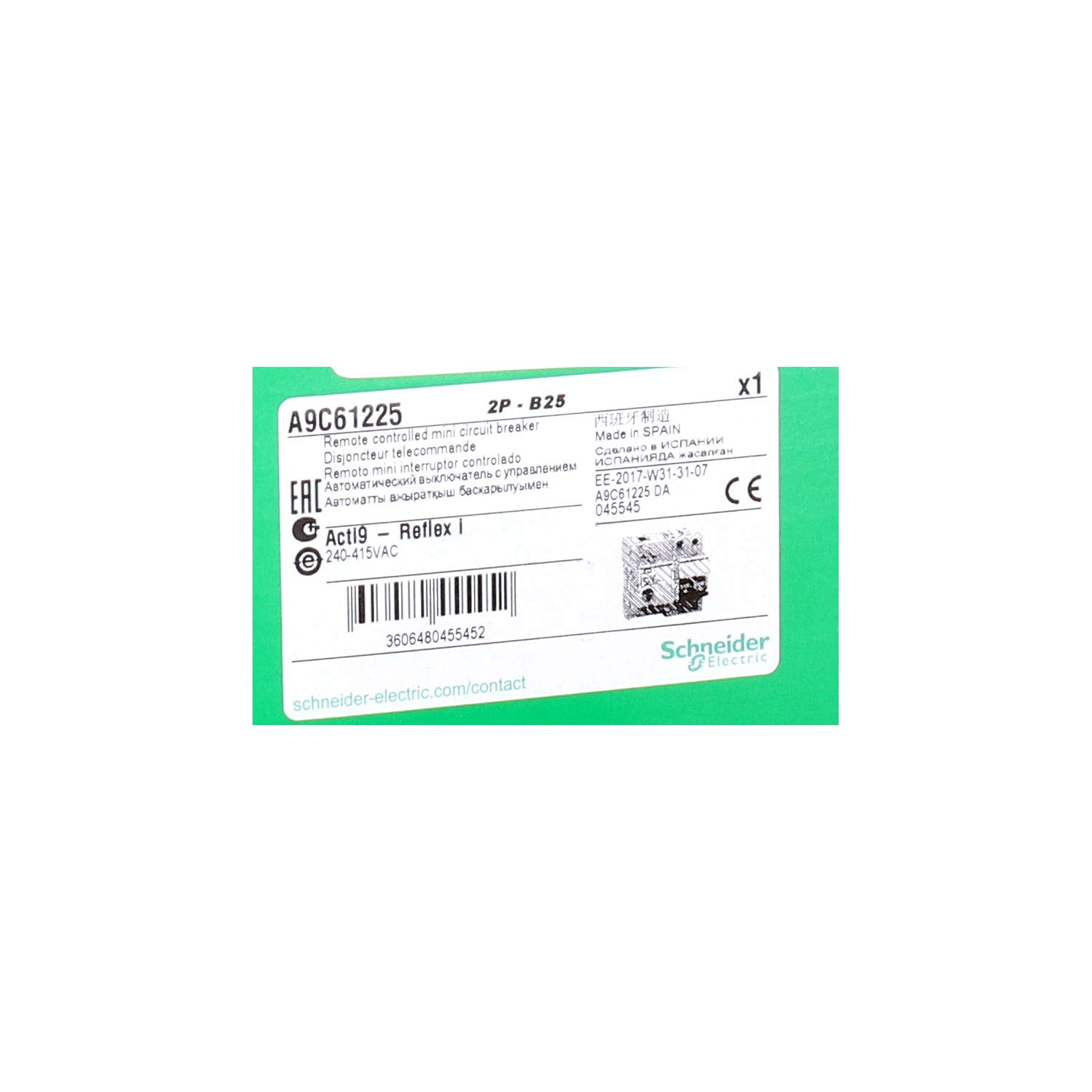 Schneider Electric A9C61225 Reflex iC60N Interruptor Automático con Telemando, Ti24, 25A, 2P, Curva B, 84mm x 81mm x 77mm, Blanco