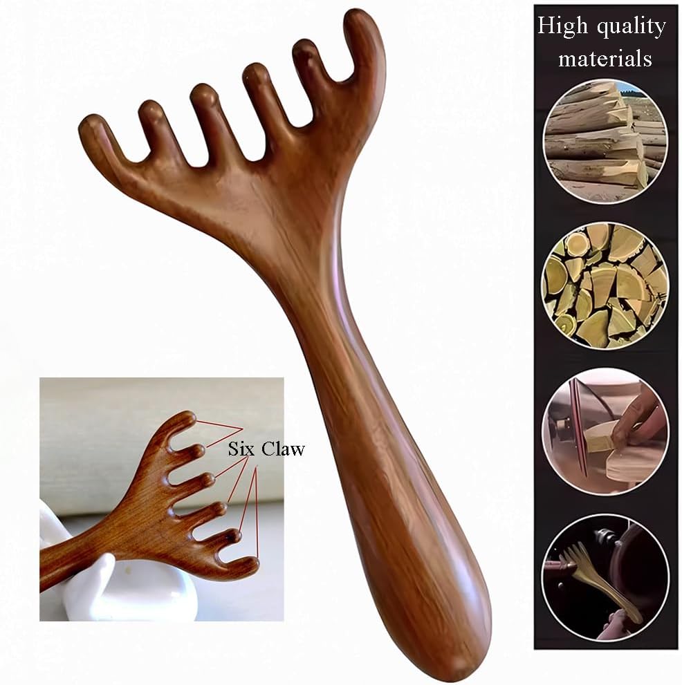 OULIGET Natural Wooden Gua Sha Tool,Wooden Gua Sha Scraping Massage Tool,Long Handle Sandalwood Six Claw Antler Massager,1 Pieces image 4