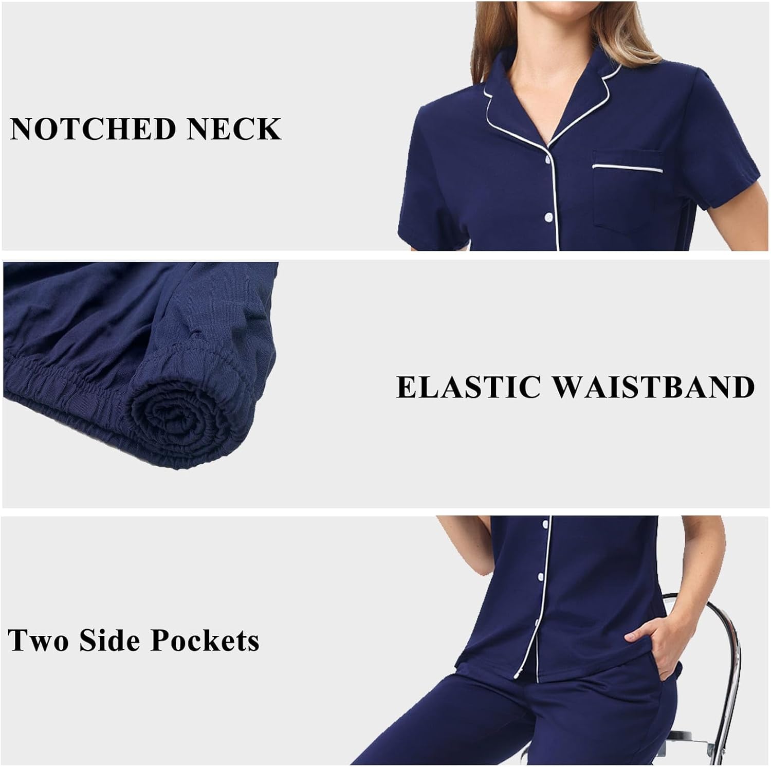Women's Petite Cotton Pajama Set Short Sleeve Button Up Pjs with Short Inseam Pants & Pockets 2-Piece Lounge Set