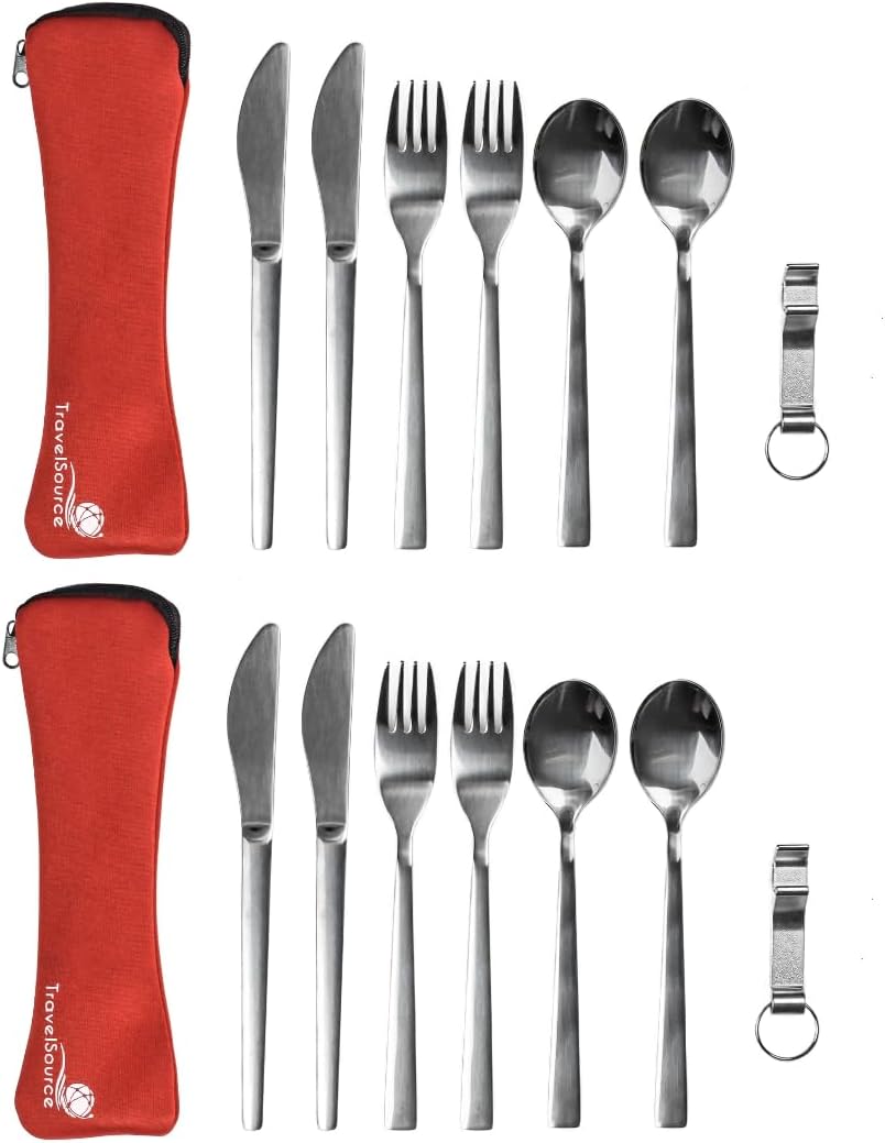 Camping Travel Utensils with Case - 4 Sets DURABLE Fork, Spoon, Knife Silverware - Reusable Portable Hiking Camping Lunch Cutlery - Stainless Steel Family Mess Kit