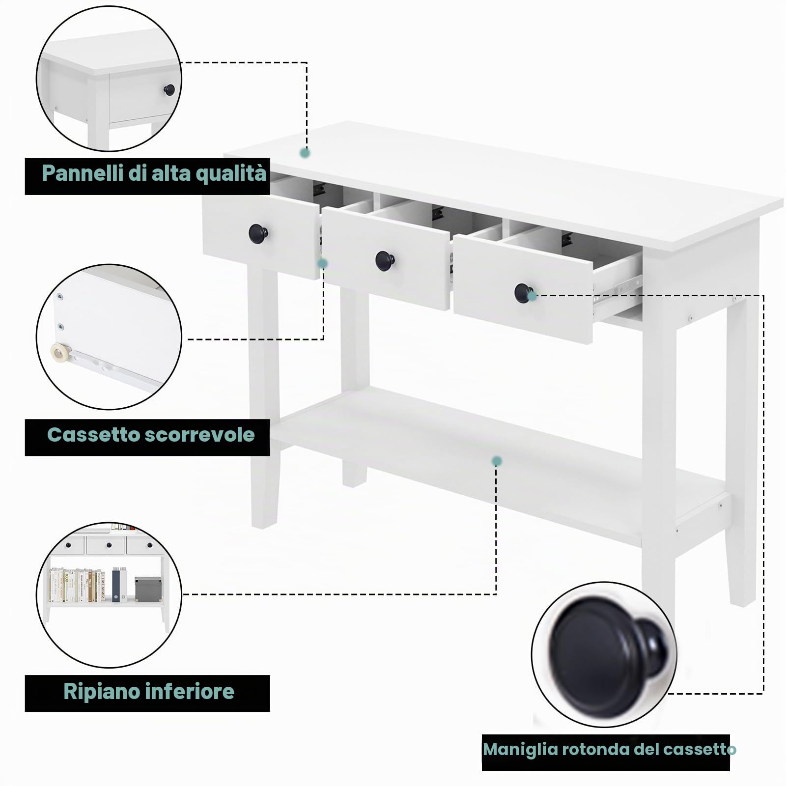 SogesHome Tavolino consolle Kosole classico da corridoio bianco con cassetti e ripiano aperto per la conservazione (NT-W-3)