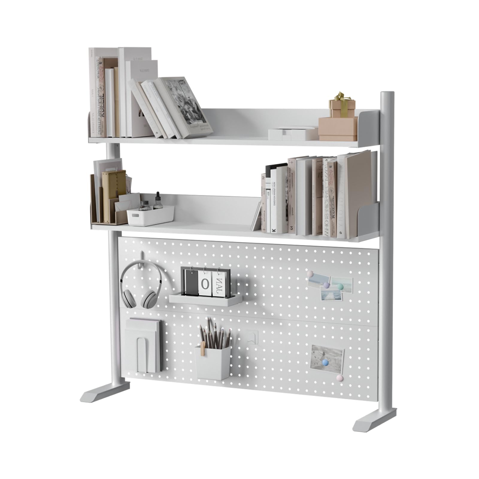 Scaffale da scrivania a 2 livelli, bianco, 100 cm, organizer da scrivania con disco rigido, piano di lavoro, libreria per casa, ufficio o dormitorio