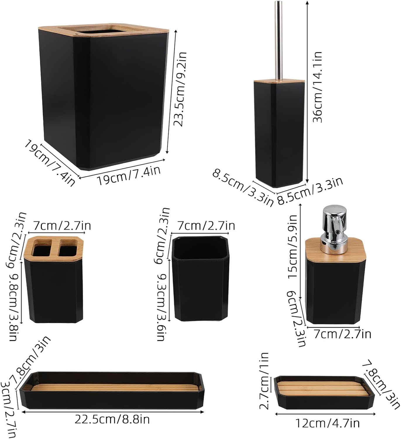 Bathroom Accessories Set 7pcs Black Soap Dispenser Toothbrush Holder Toothbrush Cups Trash Can for Home and Hotel Bath Washing Supplies
