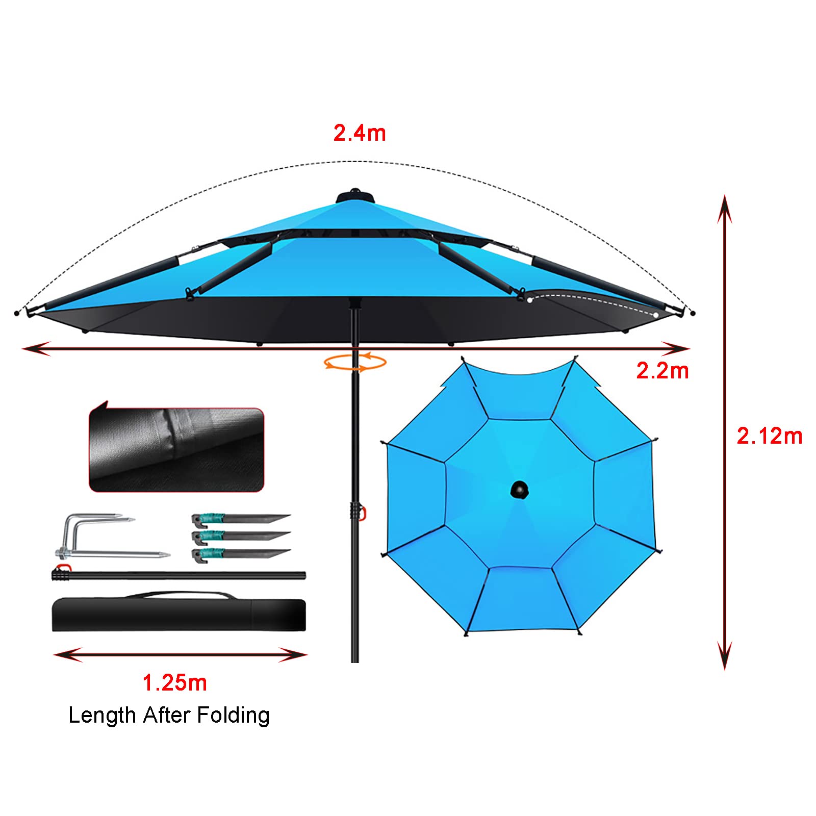 Ombrellone da pesca a doppio strato per esterni, ampio, antivento, antipioggia, con protezione UV, orientamento regolabile a 360°, ideale per giardino, cortile, spiaggia e campeggio (blu)