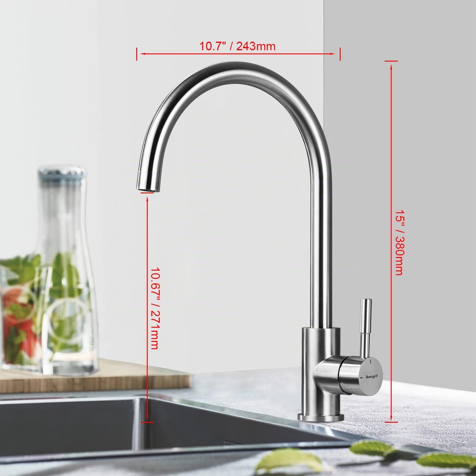 Ibergrif M22110, Mitigeur d'évier avec Bec Haut, Robinet de Cuisine, Inox, Gris