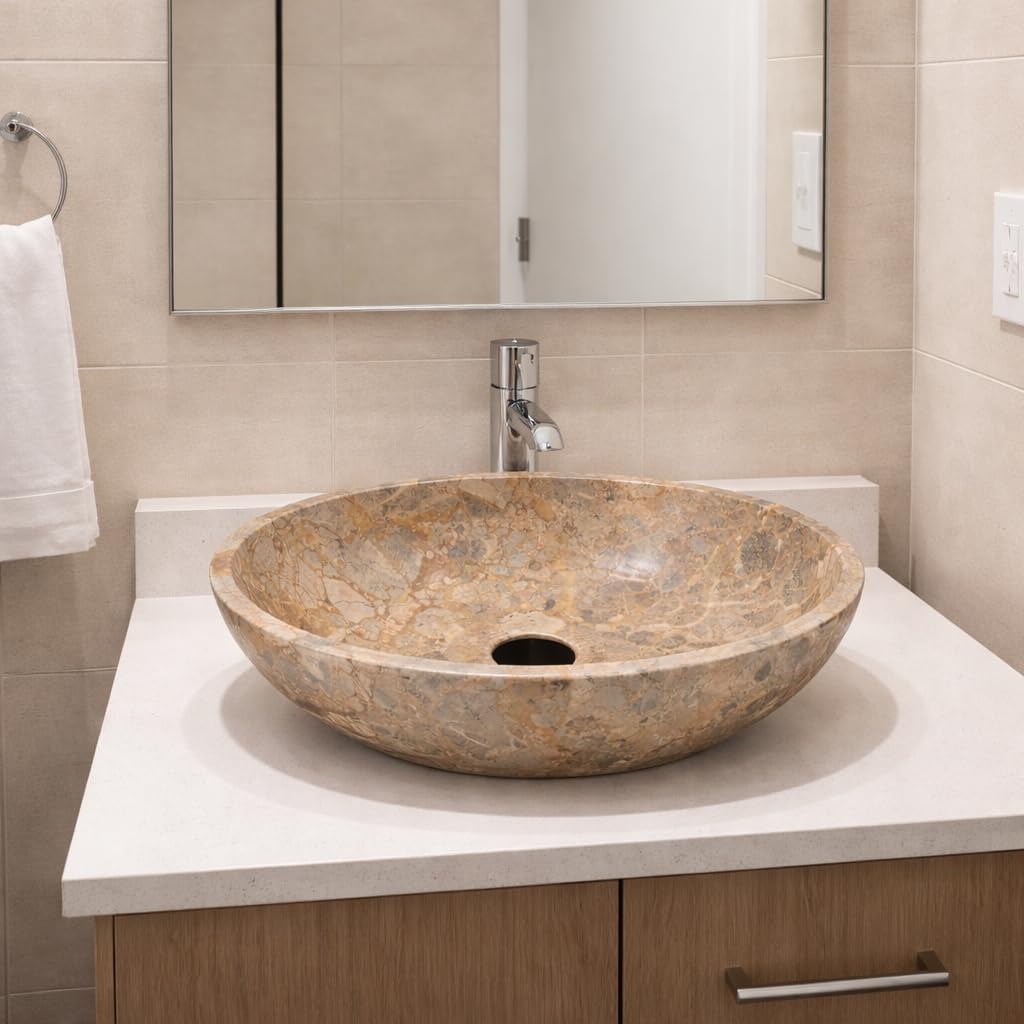 Oval-Shaped Golden - Gray Marble Vessel Sink for Bathroom – 19" × 15" × 6"