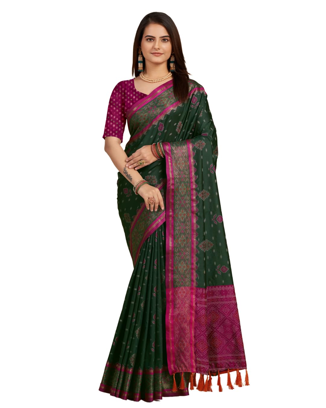Women's Pure Patola Silk Saree with Contrast Patola Weaving, Meenakari Design, Rich Woven Pallu & Tassels Unstitched Blouse Piece Saree-image-31