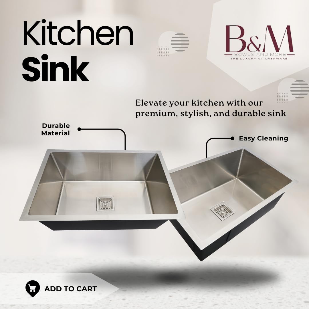 Bowls & More | Single Bowl | 27" X 20" X 10" Premium Handmade Kitchen Sink | Sound Proof Single Bowl Stainless Steel Matt Finish (SILVER) 1