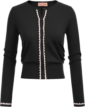 Womens Cardigan Sweater Color Block Long Sleeve Crew Neck Knit Cardigan Trendy Cropped Cardigan Shrug