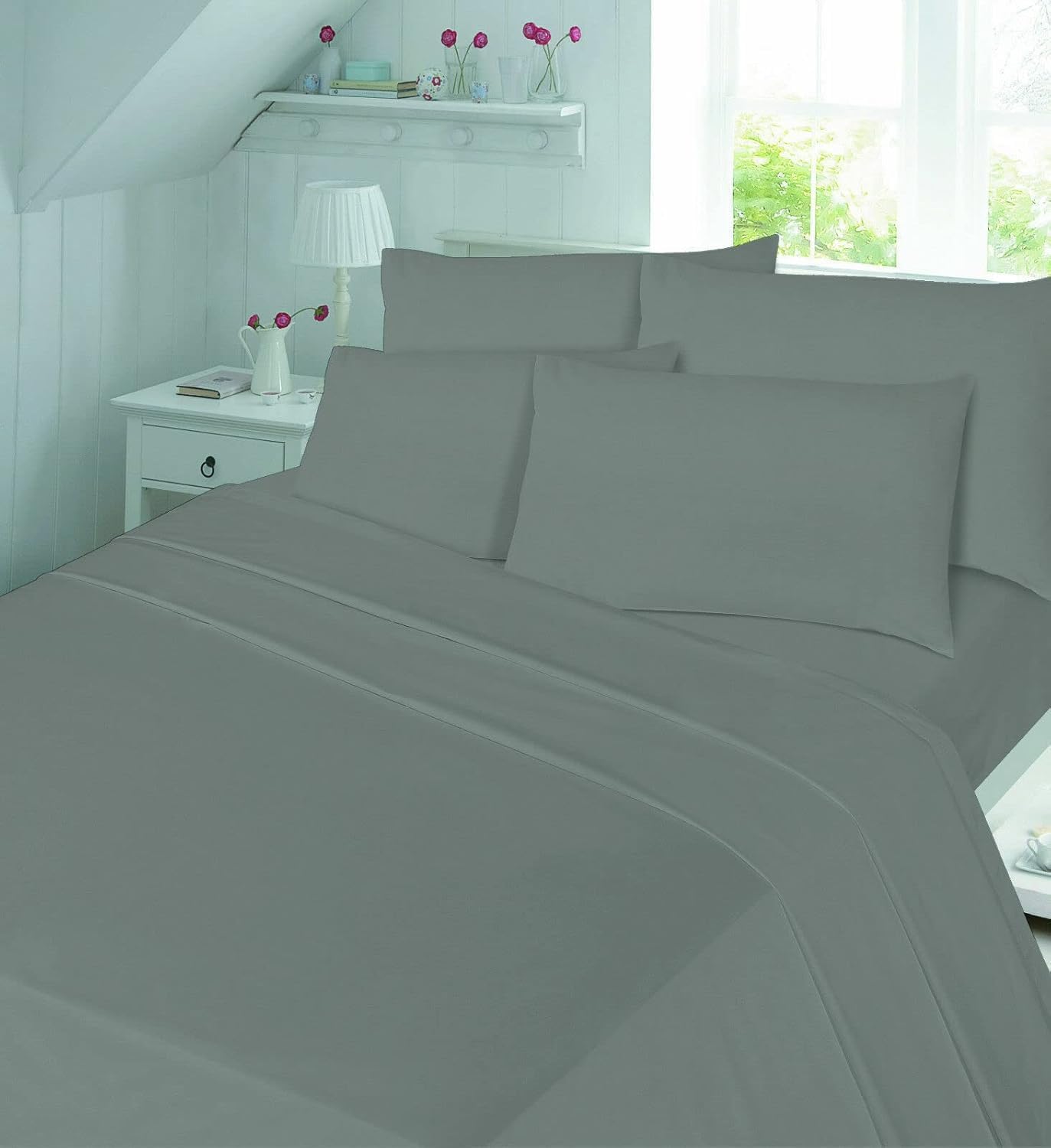 ARLINENS 4PC Flannelette Sheet Set 100% Brushed Cotton soft Warm Luxury Bed Sheet Set Includes Fitted Sheet, Flat Sheet and 2x Matching Pillowcases - in 7 Colours Choice (Double, Grey)