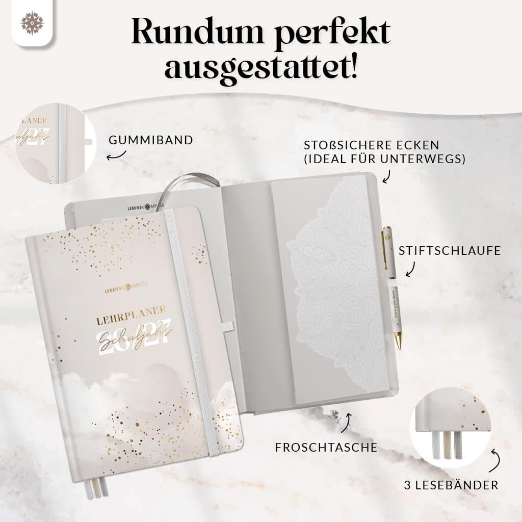 Lebenskompass® Lehrerkalender 2026/2027 DIN A5+ ”Cloud” – Schuljahresplaner Hardcover mit Wochen & Monatsübersichten, Klassen & Notenlisten, Stundenplänen für Lehrerinnen und Lehrer