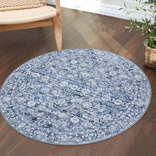 Blue 3' Round Rug Washable Rug for Entryway Soft Non-Slip Area Rugs Distressed Floral Low-Pile Carpet, Neutral Vintage Circle Rugs for Living Room Dining Bedroom Foyer