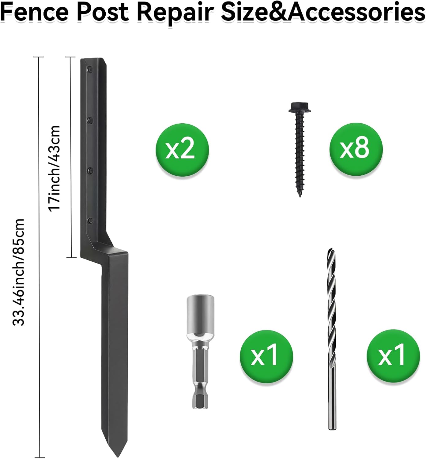 Fence Post Repair Kit for Wooden Posts, 33.6" Thickened Anchor Ground Spike for Repairing Tilted & Broken Wood Posts, No Digging Required (2PCS)