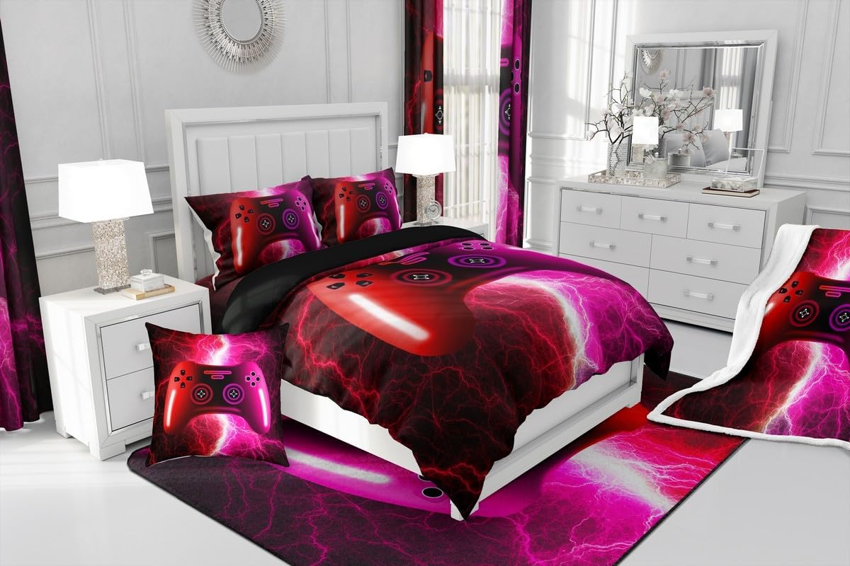 Erosebridal Gamer Twin Comforter Set for Boys Hot Pink Red Gaming Gamepad Bedding Set,Kids Video Game Console Bed Comforter Sets Modern Lightning Quilt Bed Set Bedroom Decor with 1 Pillowcase - Image 6
