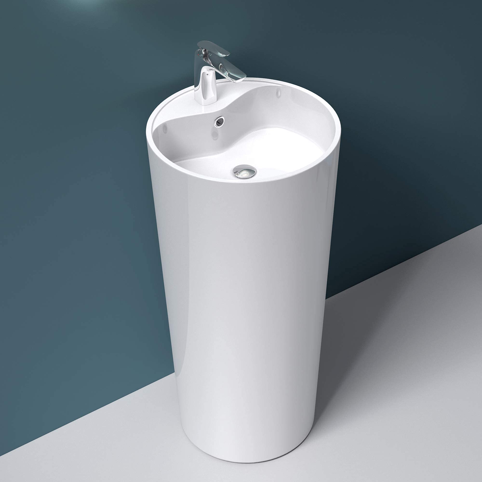 Mai & Mai Lavabo sur Pied Rond 45x45x90cm Blanc avec Trop-Plein | Lave Mains, Perçage Robinet, Résine de Synthèse, pour Salle de Bains Contemporaine, Colossum35