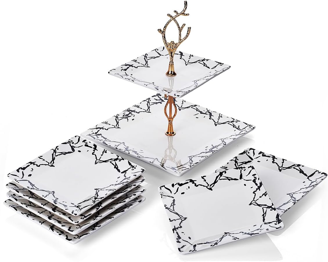 Serving Set Marble Ceramic Two-Tiered Serving Platter & 6 Dessert Plates Cookie Appetizer Stand, Black, BPA Free, 9-Piece - Black, One Size
