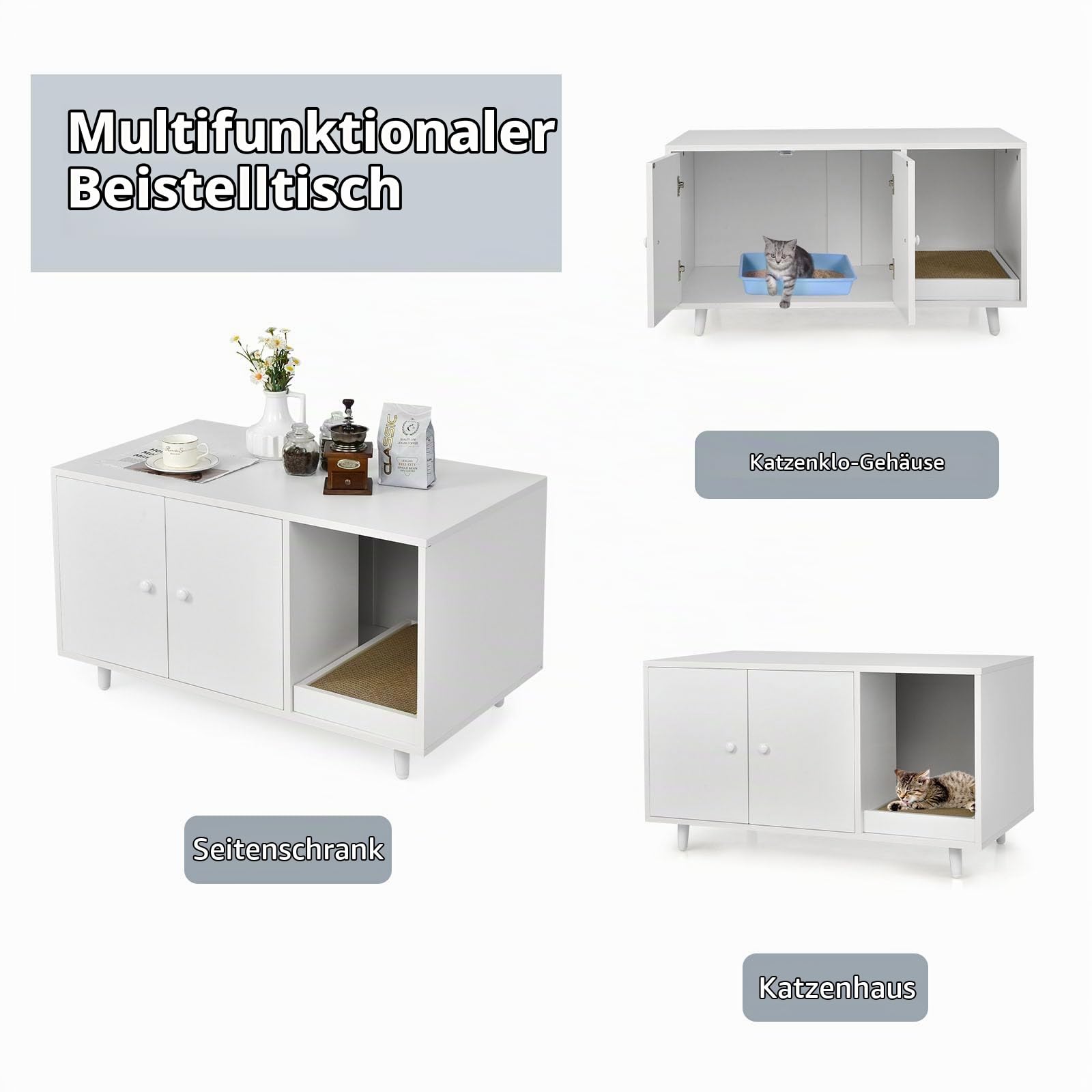 LIFEZEAL 2 in1 Katzenschrank mit Kratzbrett, Kaffeetisch mit Katzenhaus, Katzenhaus mit 2 Türen und hochgezogenen Beine, Katzenklo Katzentoilette Katzenhütte, Braun (Weiß)