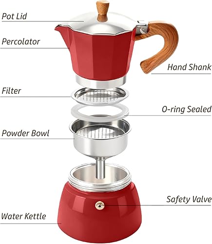 Miniatura 8 de AGOGO Milano Moka - Cafetera espresso para estufa, greca, cafetera turca con filtro de papel, 6 tazas, color rojo