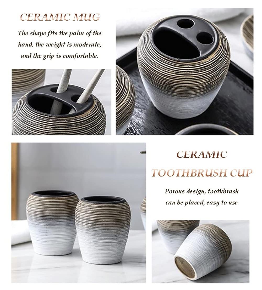 DSMYYXGS Cerámica Juego de Accesorios para Baño Cepillada Porta Cepillos de Dientes, Jabonera, Dispensador de Jabón, Vaso para Enjuague Bucal (Bandeja de Melamina Puede Elegir) (Size : 5 Piece Kit)