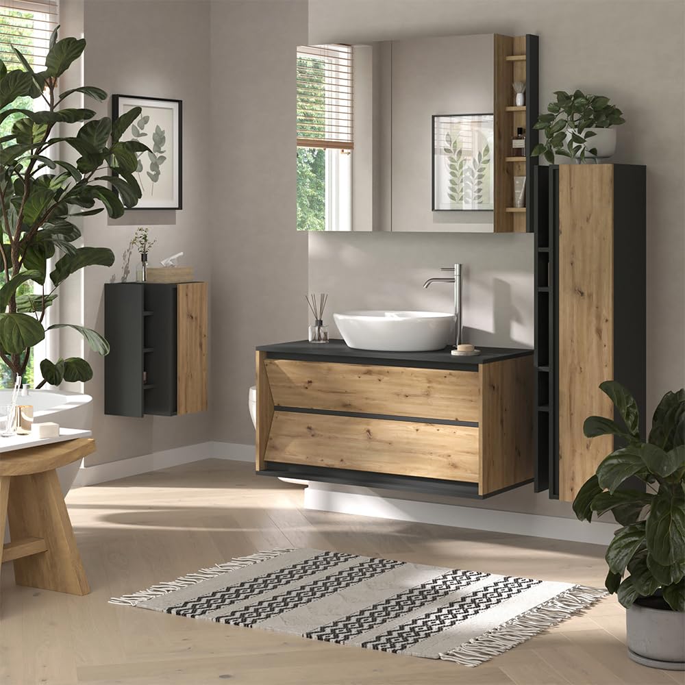 Vicco Meuble sous Vasque Simple Edelin, Anthracite/Artisan, 100x50cm | avec 2 tiroirs, pour montage mural et compatible avec siphons standards