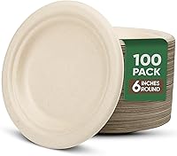 TaidMiao 6 Inch Compostable Paper Plates 100 Pack - Biodegradable Sugarcane Pulp, Water Oil Proof, Microwavable Dessert Plates for Parties (Brown)