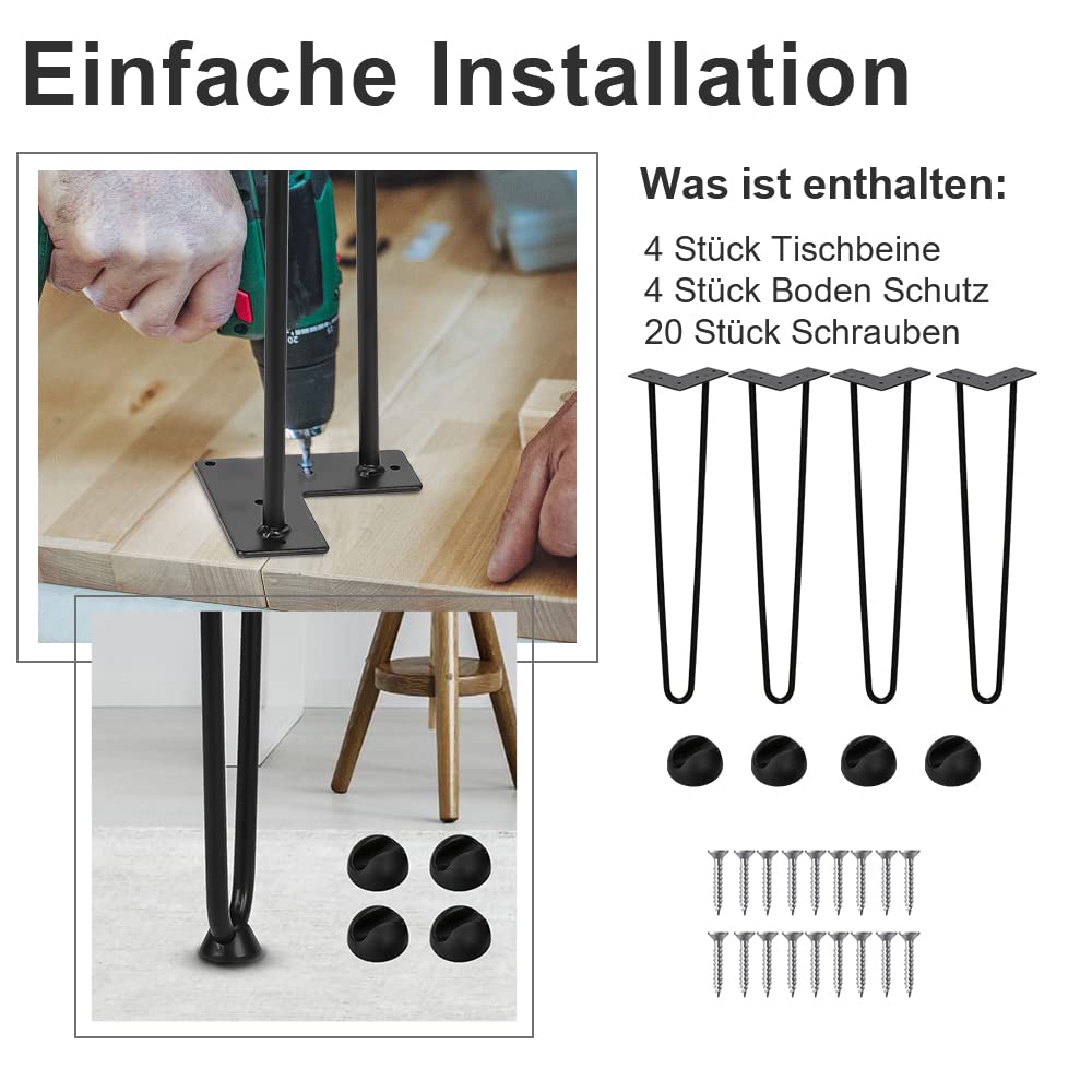 Haarnadel Tischbeine 4er Set, Metall Schwarz mit 2-Stange Bein, Hairpin Leg für Schreibtisch, Kaffeetisch, mit Bodenschoner und Schrauben（72cm）