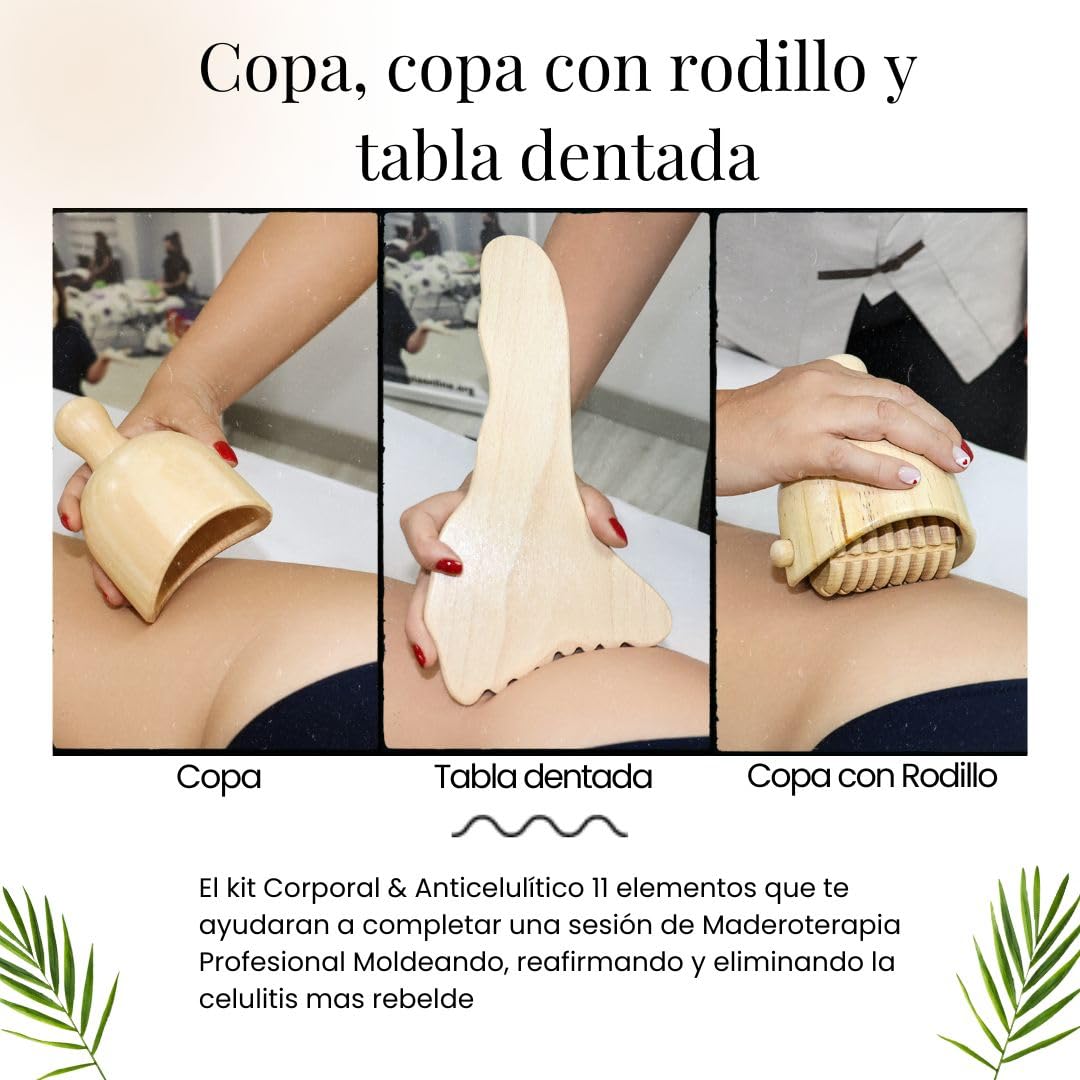 Pack Maderoterapia Corporal y Anticelulítico 11 Piezas | Ideal para Masajes | Fabricados en Madera de Pino y Loto Natural I Diseñados por Maderoterapia Estética España