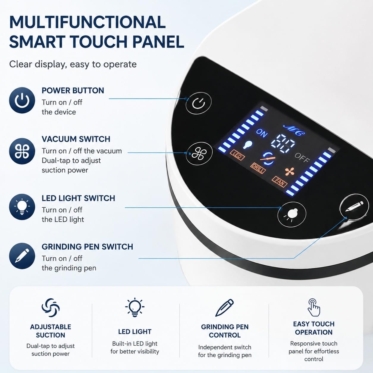Aspiradora de colector de polvo dental de 230 W con pantalla táctil, control de 3 velocidades, luz LED, limpiador de mesa para salones de uñas, laboratorios dentales y estaciones de trabajo de pulido