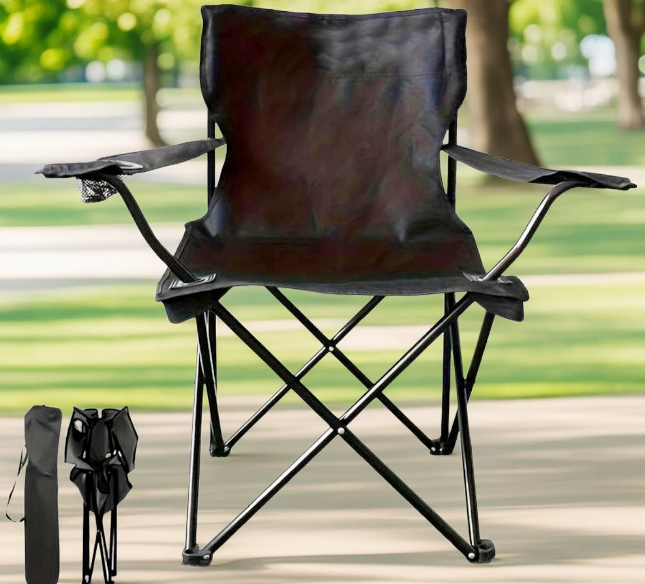 Meown Camping Chair with Armrests & Cup Holder | Lightweight & Portable | Ideal for Caravan Trips, BBQs, Garden, Beach, Picnic & Travel | Includes Carrying Bag (Black)