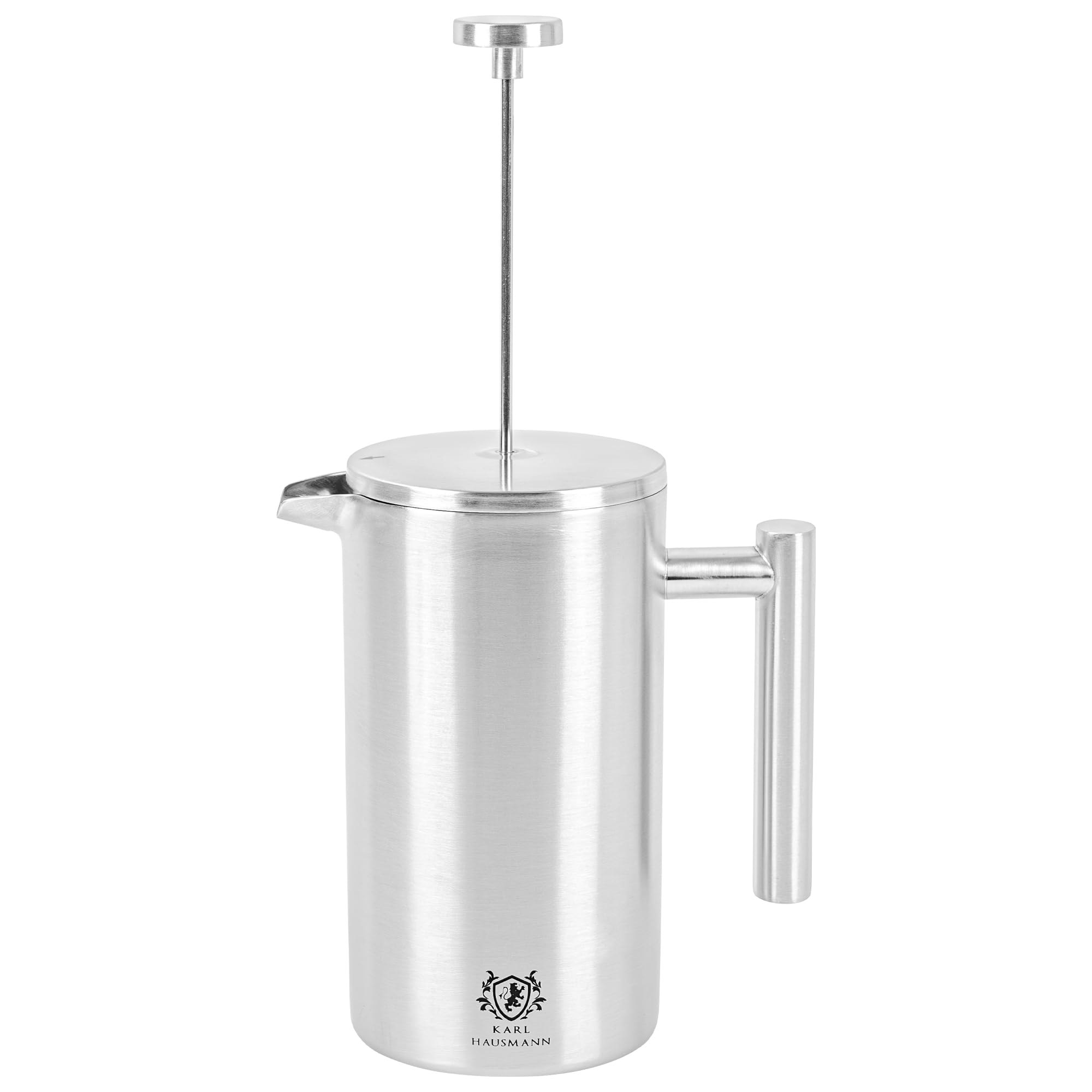 KARL HAUSMANN Cafetière à Piston Inox 1 L, Argent | French press isotherme 1000 ml à double paroi avec filtre multicouche, env. 8 tasses, pour café, thé et plantes