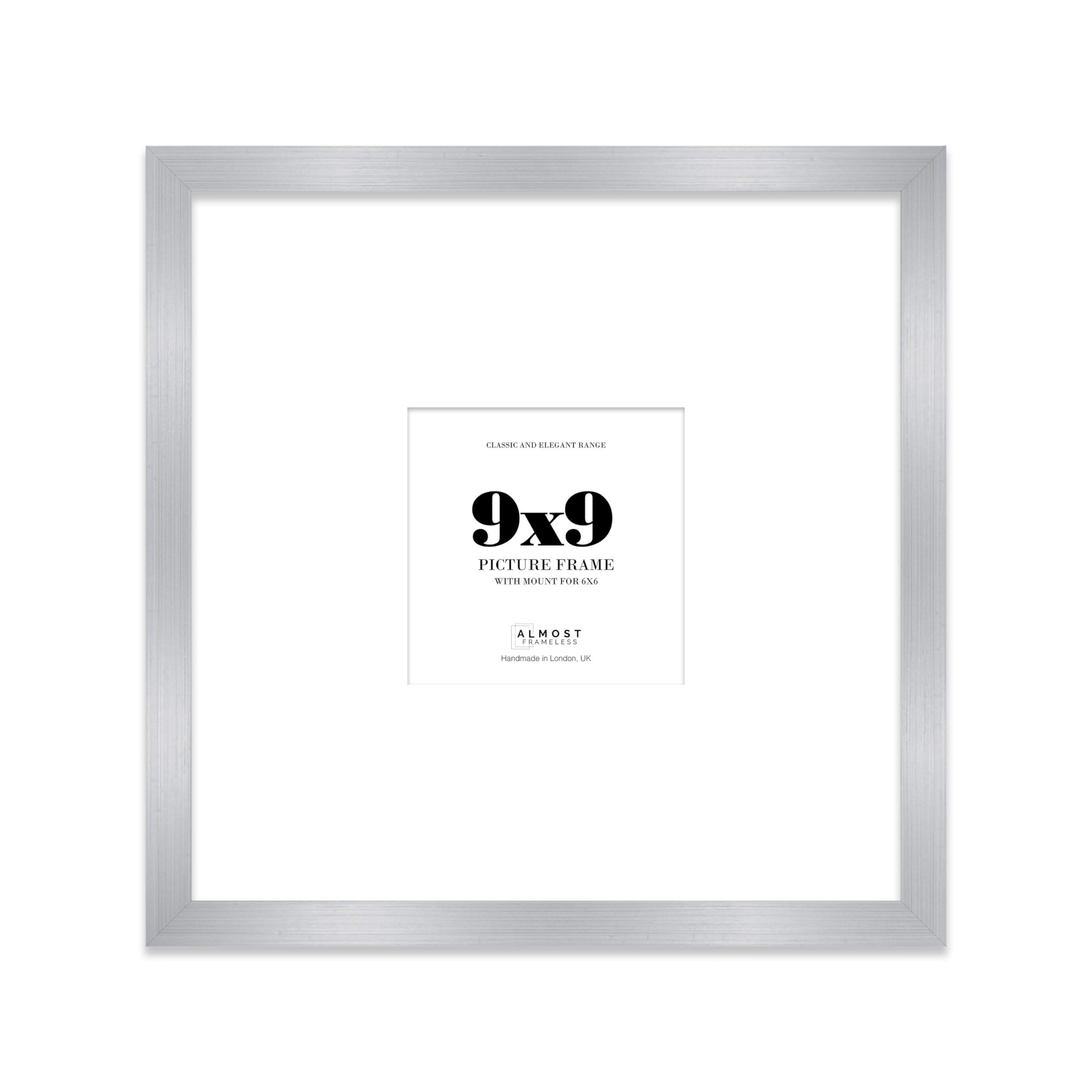 Almost Frameless 9x9 Square Picture Frame, Display Pictures 6x6 With Mat or 9x9 Without Mat, Wall Hanging & Free Standing Photo Frame, Silver, 1 Pack