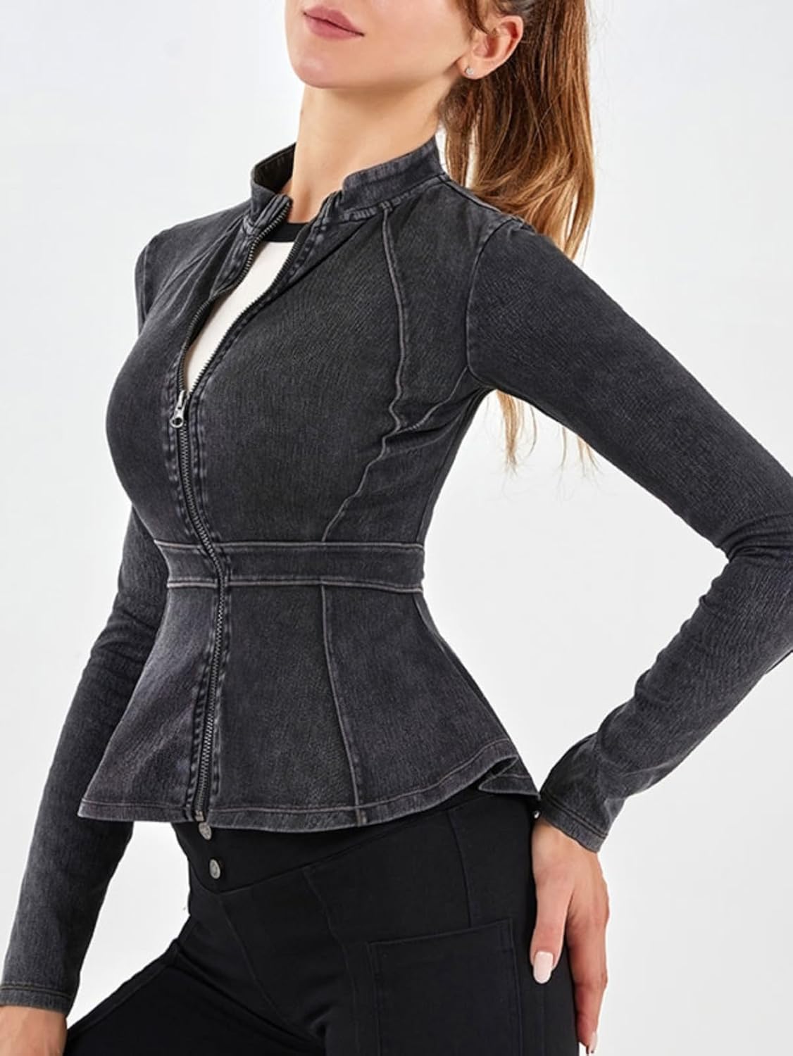 Casual Denim Peplum Jacket for Women Long Sleeve Zip Front Athletic Workout Ruffle Blazer Coats - Image 6