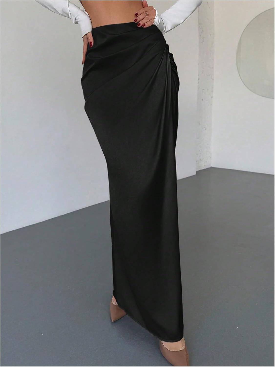 SHENHE Women's Satin Maxi Skirt High Waisted Side Ruched Elegant Silky Dressy Fishtail Skirt