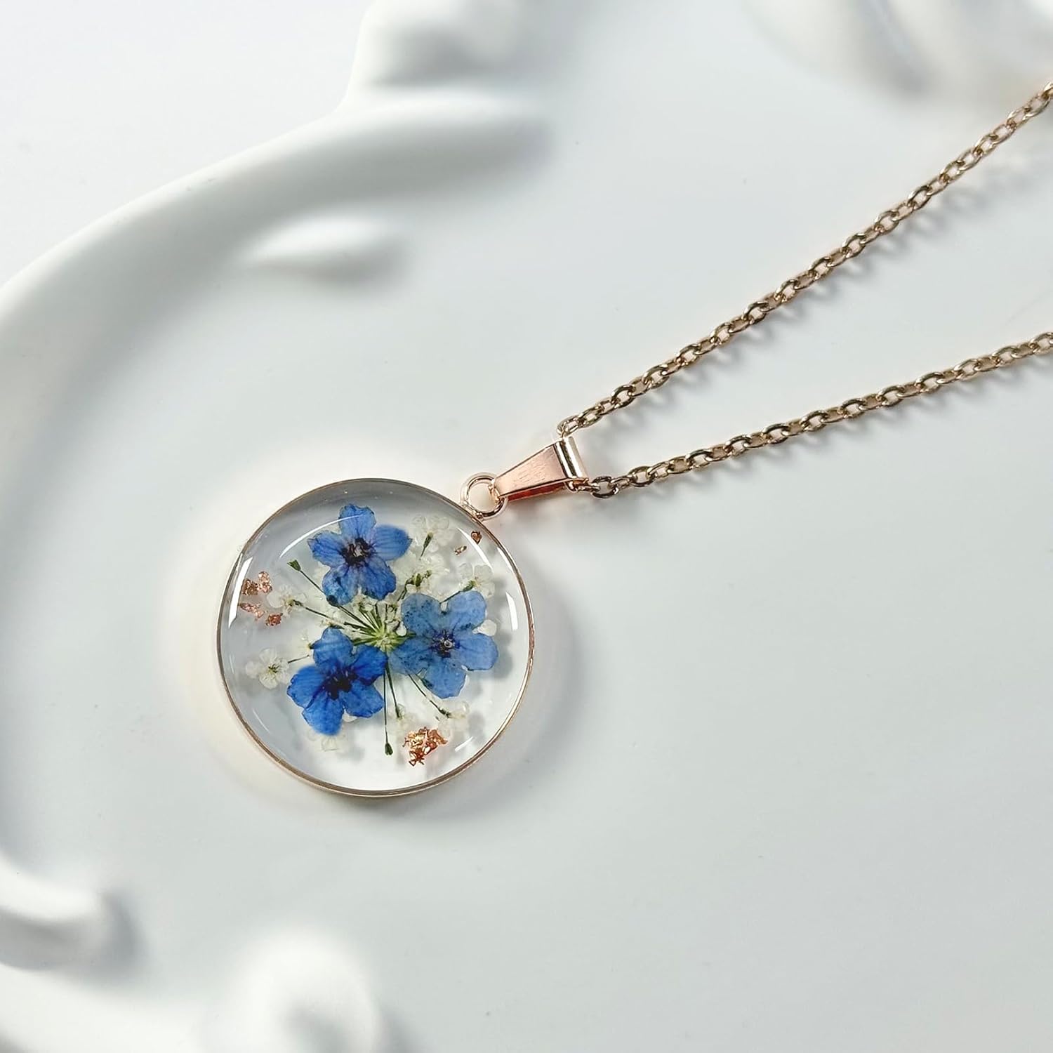 jayden Necklaces For Women,Forget-Me-Not Real Flower Pressed Flower Necklace,Boho Jewelry,Handmade Unique Personalized Necklace,Oval Pendant - 18" - Image 2