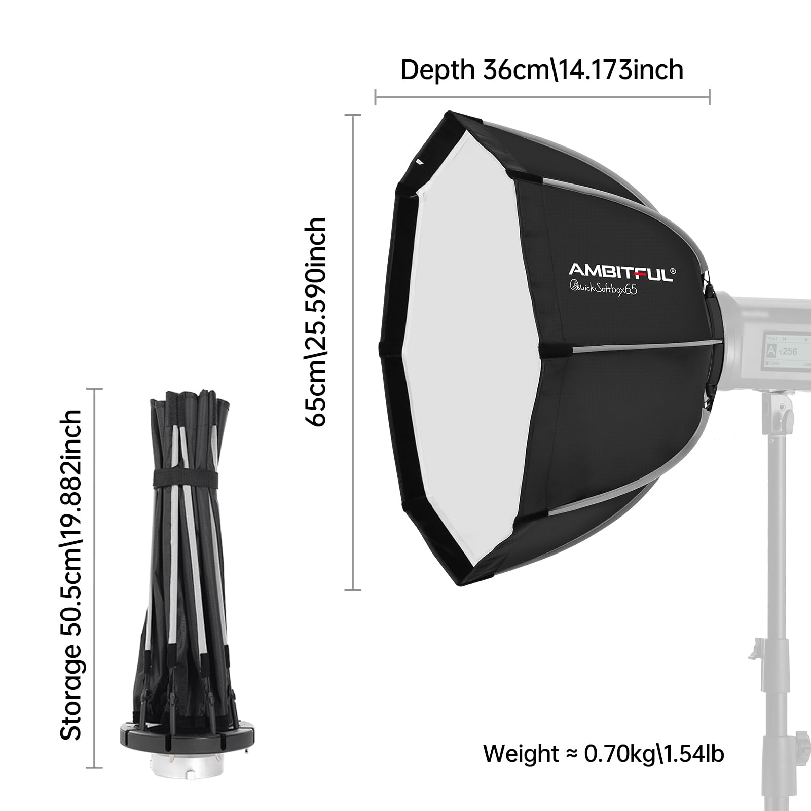 AMBITFUL QS65 65 cm/26 QS90/35,6 cala przenośna szybka instalacja ośmiokątna siatka o strukturze plastra miodu pasek Softbox pudełko do zdjęć stroboskopowych Flash Softbox Bowens Mount (QS-65)
