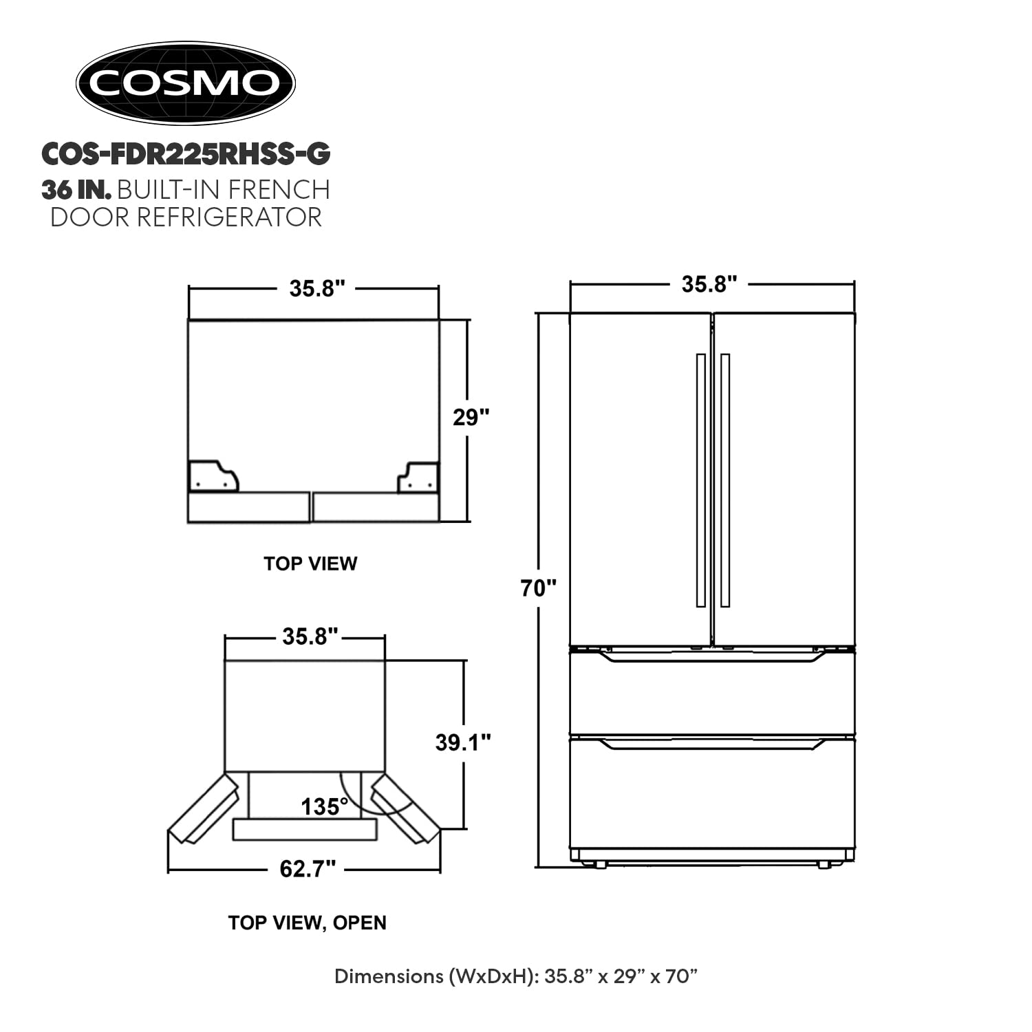 Cosmo Cos-Fdr225rhss-G 36 In. Lumin Collection 22.5 Cu. Ft. Counter Depth French Door Refrigerator With Handles In Stainless Steel on Fridge.com - View 5