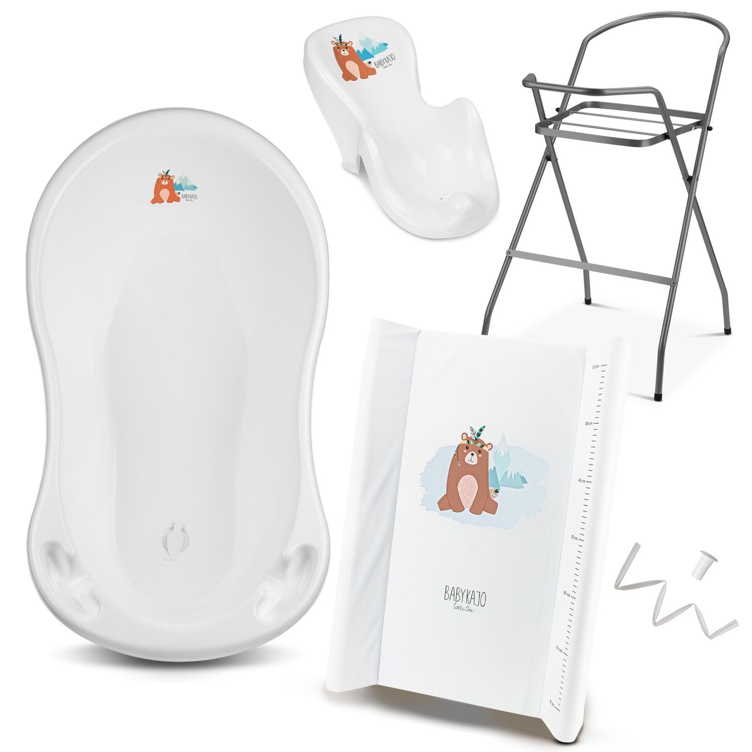 Babybadewanne mit Ständer 5 Set TÜV Rheinland geprüft - Babybadewanne + Baby Badewannensitz + Wickelauflage + Gestell + Abfluss