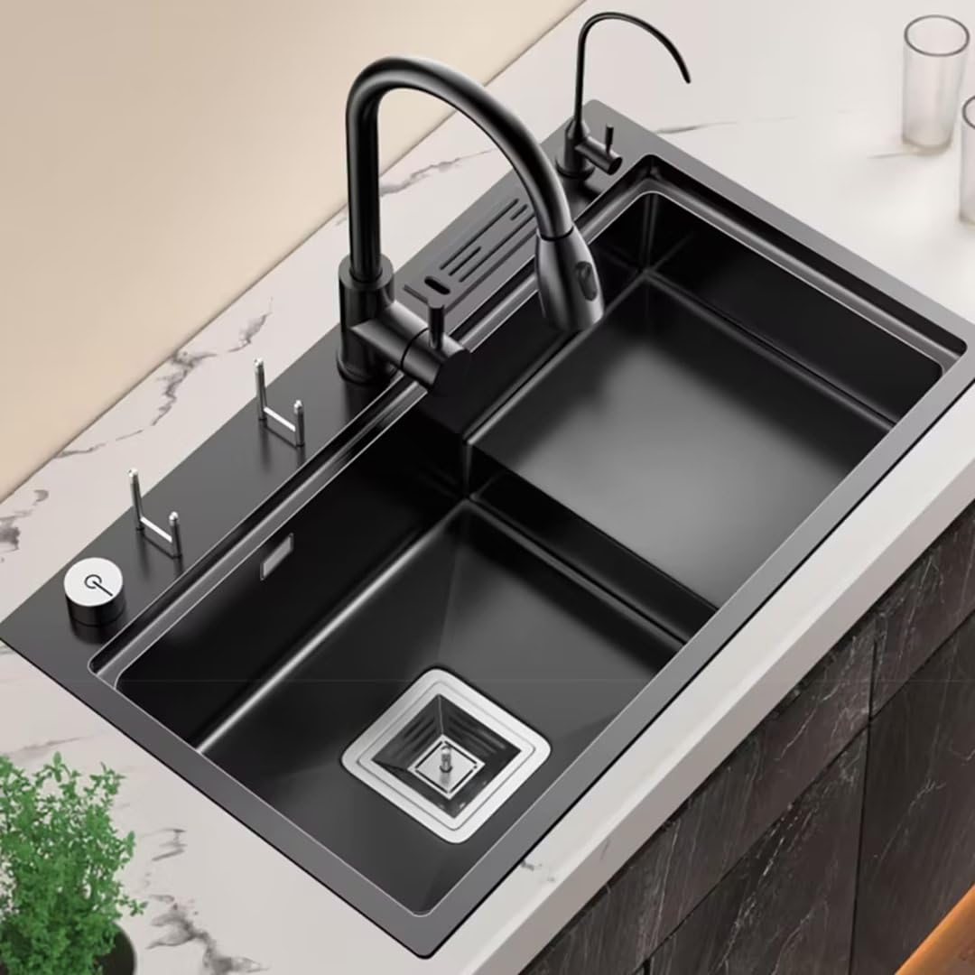 Aioneer Stepped Type Kitchen Sink Drop In, Stainless Steel Topmount Drop In Kitchen Sink Double Ledges Workstation Sink-75-45cm Black B1
