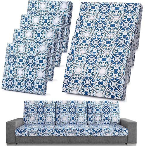 Spiareal 8 Pcs Patio Cushion Covers Stretch Outdoor Cushion Slipcovers Replacement, Include 4 Backrests and 4 Sofa Seat Covers for Furniture Protector, Waterproof Washable(Blue Mediterranean)