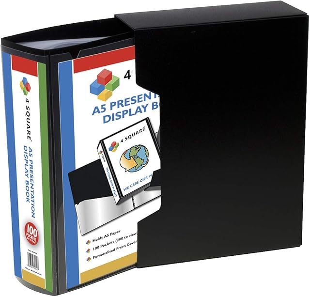 A5 Display Book - 100 Pockets (200 Sides) Black Presentation Display Book Folder Folio for Professionals, Business, Students, Projects, School, Colleges, Home, Office by 4 Square - 89040 (1 Book)