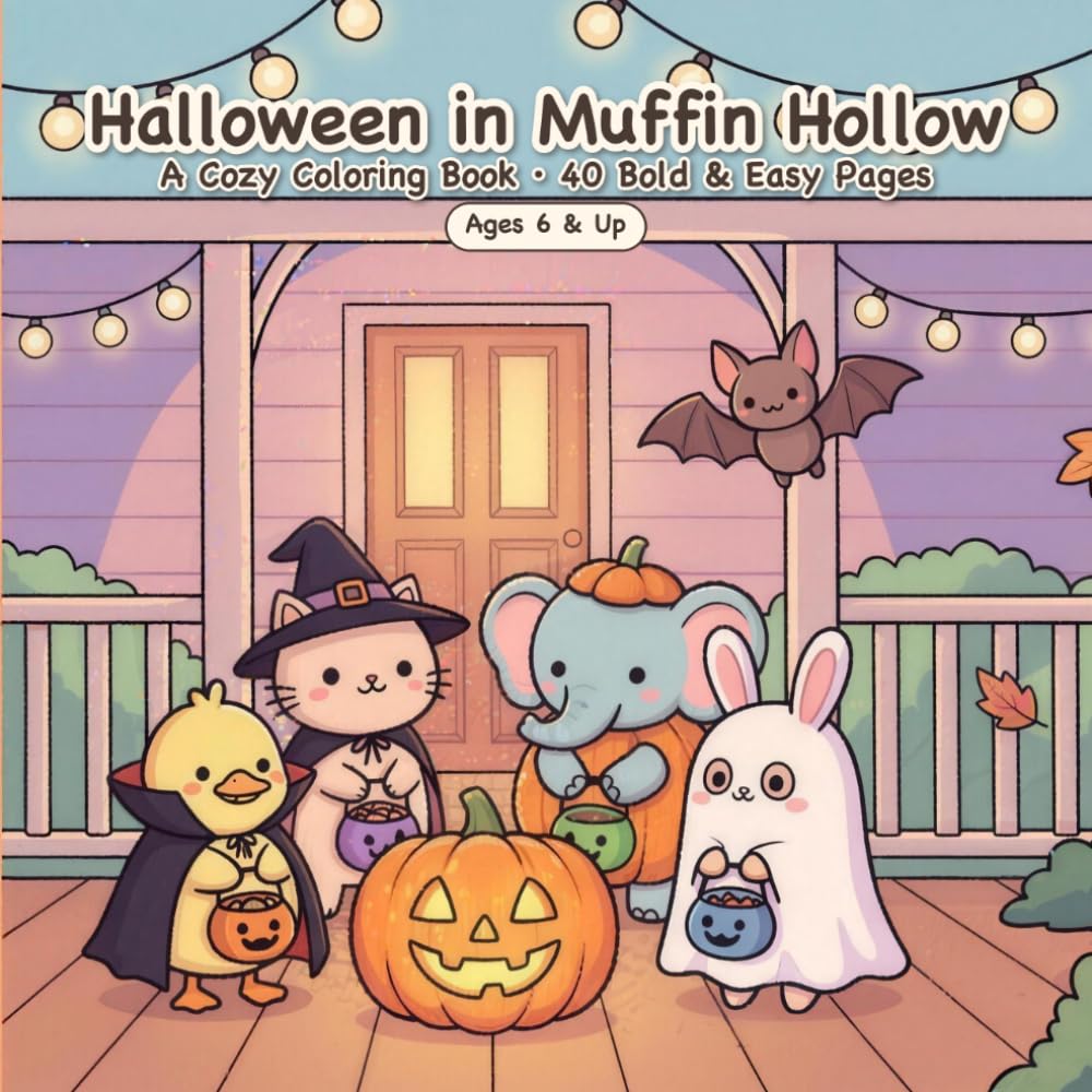 Halloween in Muffin Hollow: A Cozy Halloween Coloring Book — 40 Bold & Easy Pages of Cute Costumed Animal Friends for Adults, Teens & Kids (Ages 6 & Up)