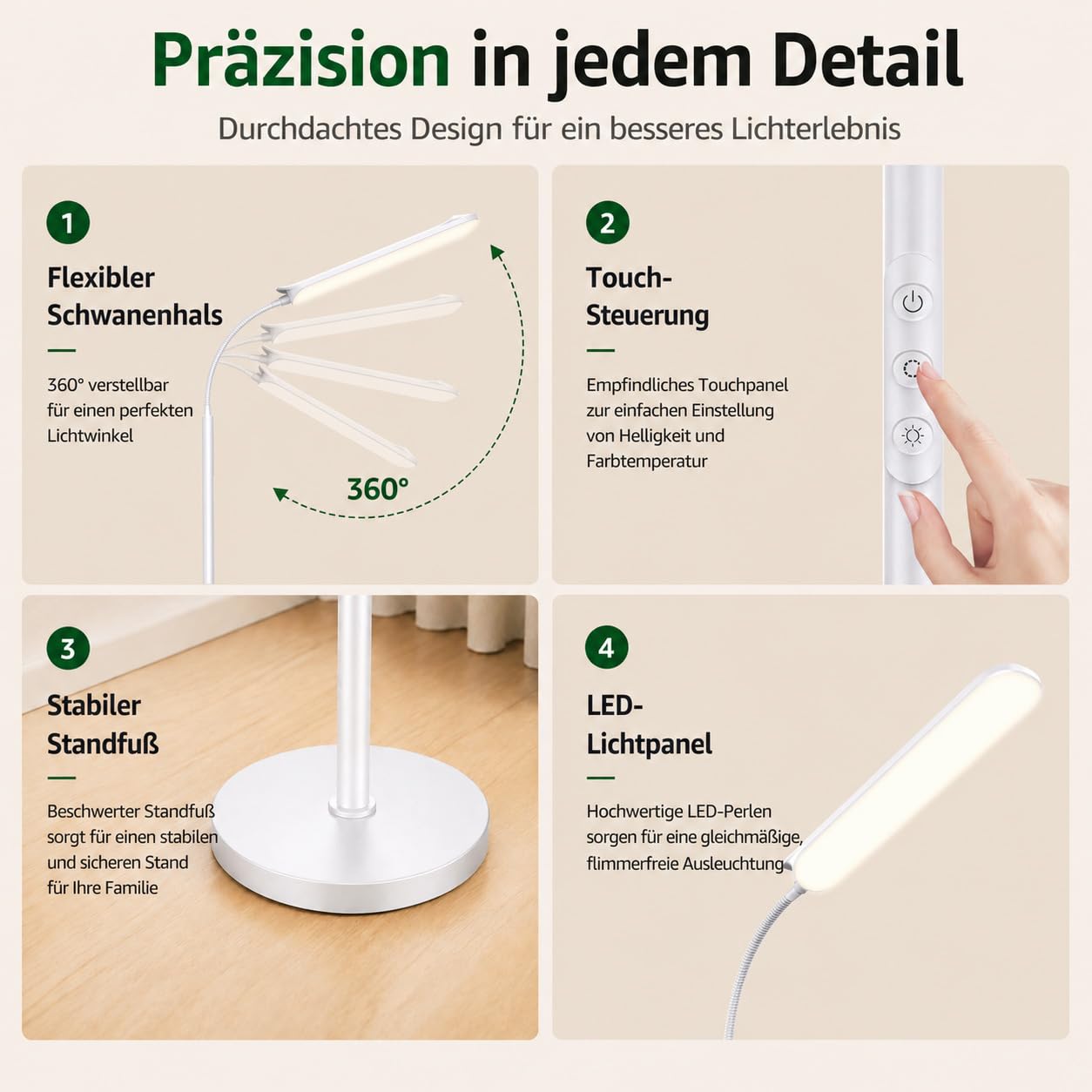 Torkase LED Stehlampe Wohnzimmer, 18W 1800LM Dimmbare Stehleuchte mit Magnetischer Fernbedienung, 360° Flexibler Schwanenhals Leselampe Schlafzimmer, 2700K-6500K Modern Weiß