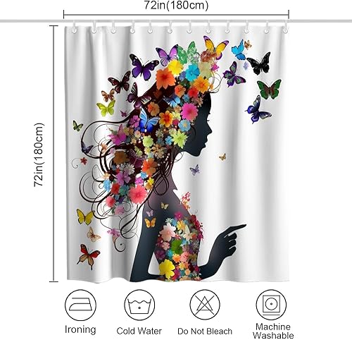 Miniatura 4 de Juego de cortina de ducha de tela para bañeras de niña negra diseño floral con 12 ganchos 72 x 72 pulgadas de poliéster lavable a máquina rosa negro