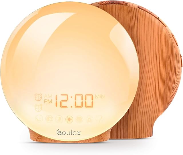 COULAX Sunrise Alarm Clock Wood Grain Wake Up Light Sunset Simulation Night Light with FM Radio, Snooze Function and Atmosphere Light Function