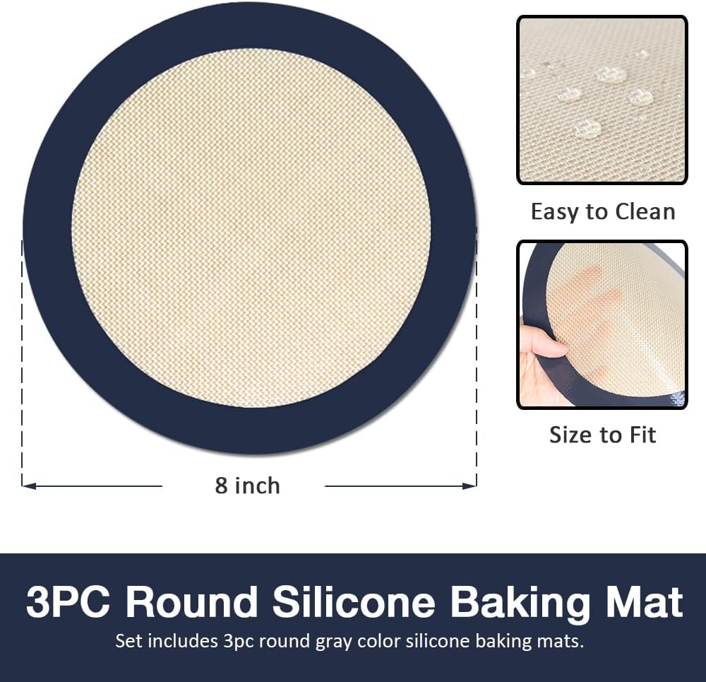 3Pcs Round Silicone Baking Mats, 8 inch Circle Mats for Cake Pan
