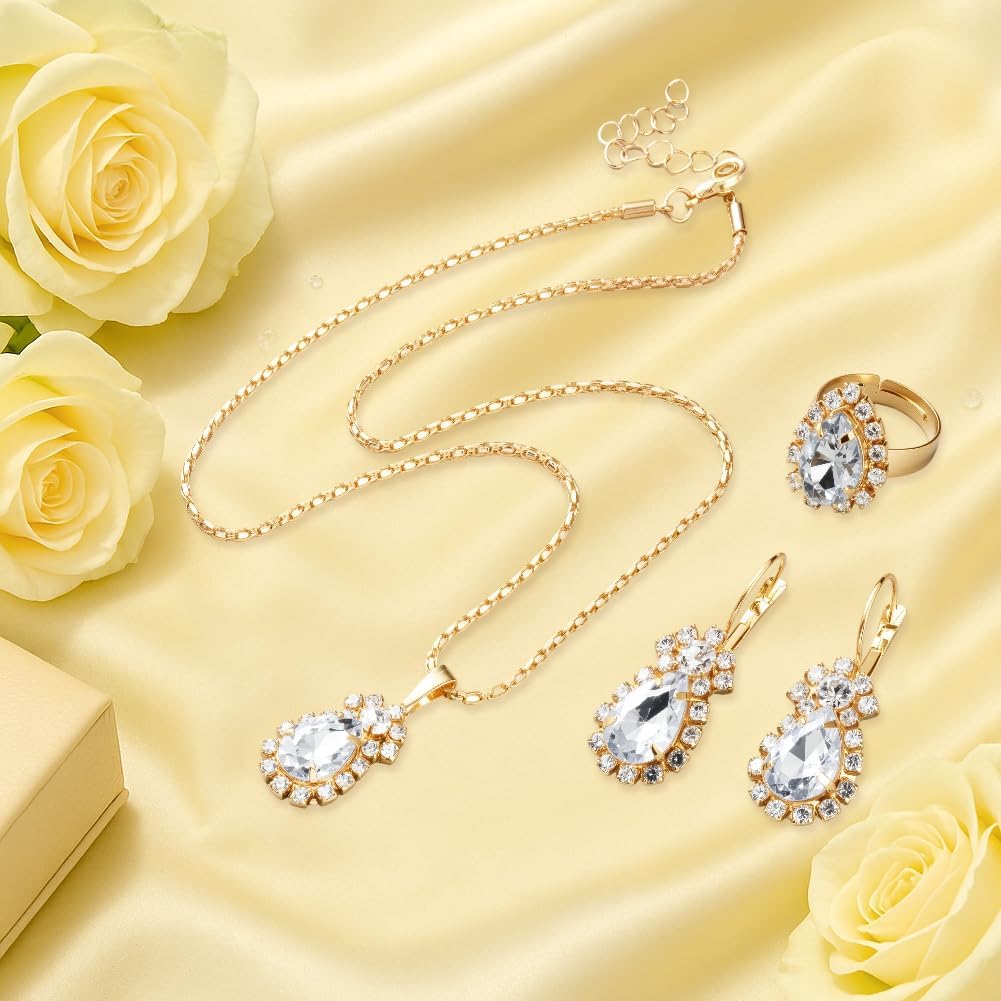 2Pcs Crystal Jewelry Sets Teardrop Dangle Earrings Necklace Ring Set Rhinestone Wedding Prom Costume Jewelry for Girlfriend Mom Friend Gift - Image 3