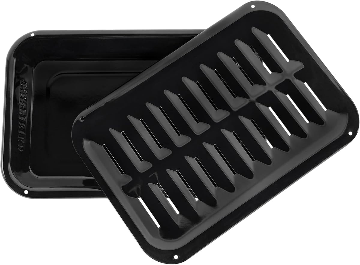Small 2-Piece Broiler Pan & Grill Set Porcelain-on-Steel 13"x8-3/4"x1-3/8" Broiler Pan for Oven, Black Whirlpool 4396923, Maytag, Kitchen-Aid replacement
