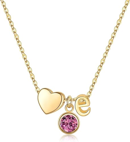 Ursilver Initial Birthstone Necklace for Women - Dainty Heart Initial E October 